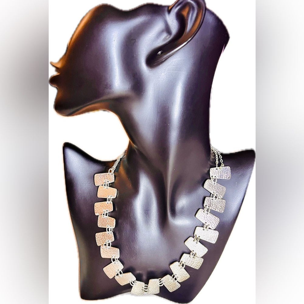 Rare Vintage Handmade Silver Necklace Interlinking Panels Textured Hammered Look